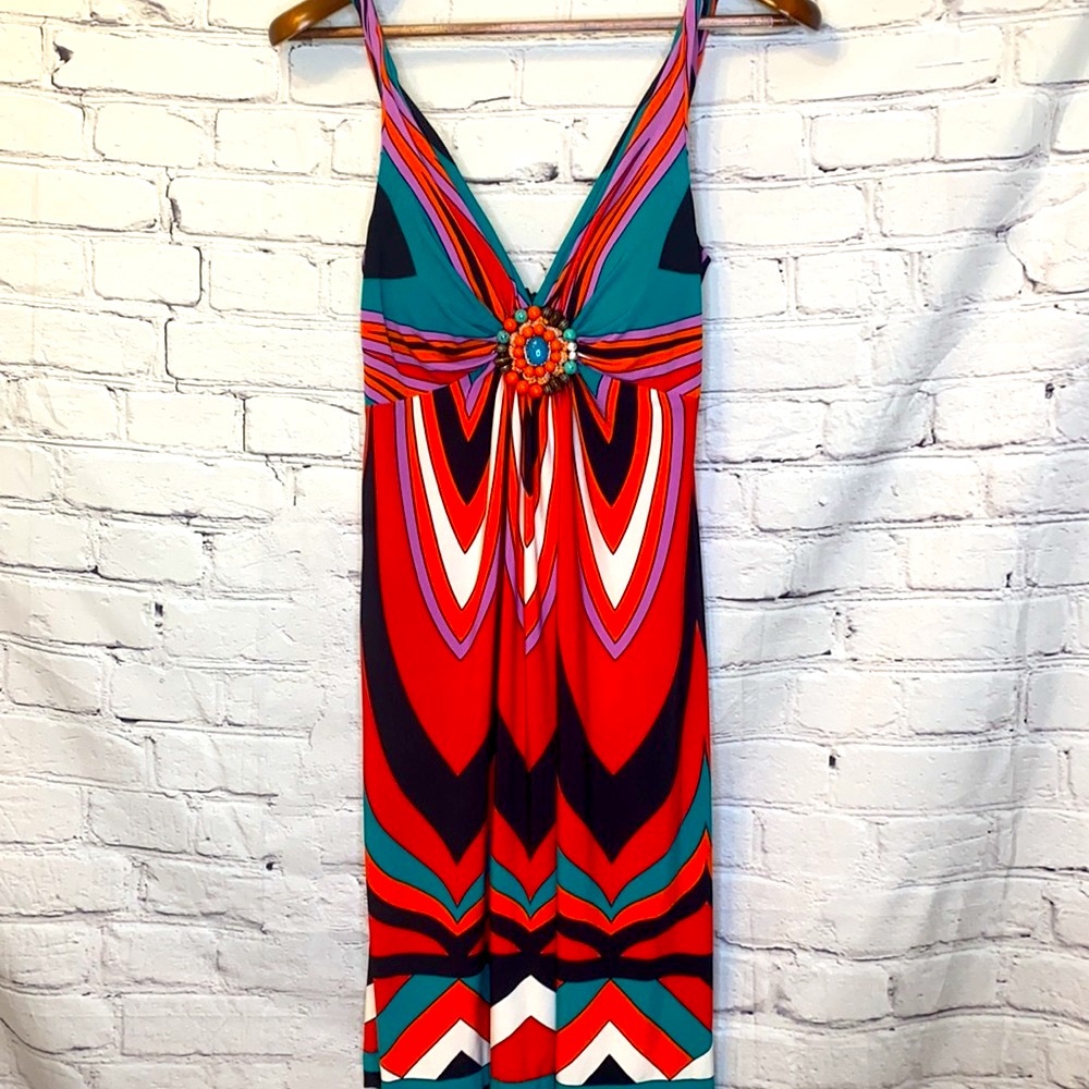 Muse Boston Proper Orange Black Beaded Medallion Sleeveless Dress Size 4